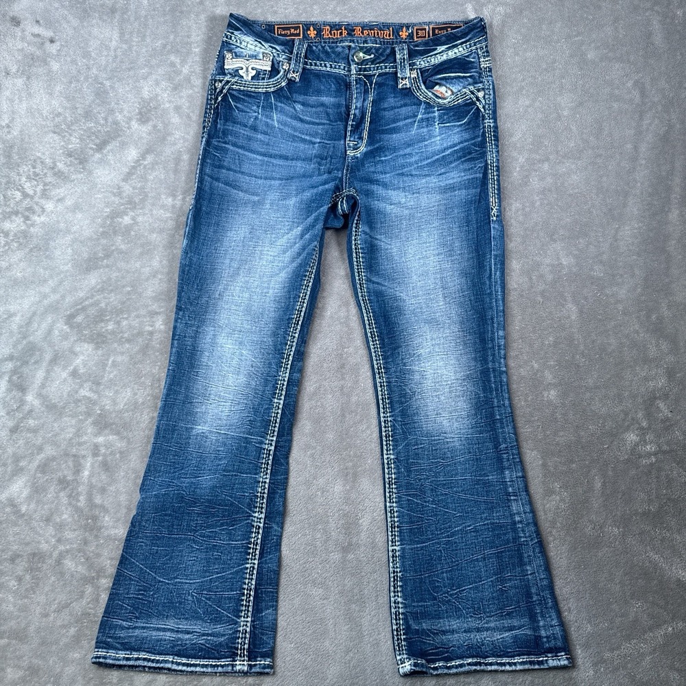 Rock Revival Womens 30 Easy Boot Fiery Red Embroidered Rhinestone Blue Jeans